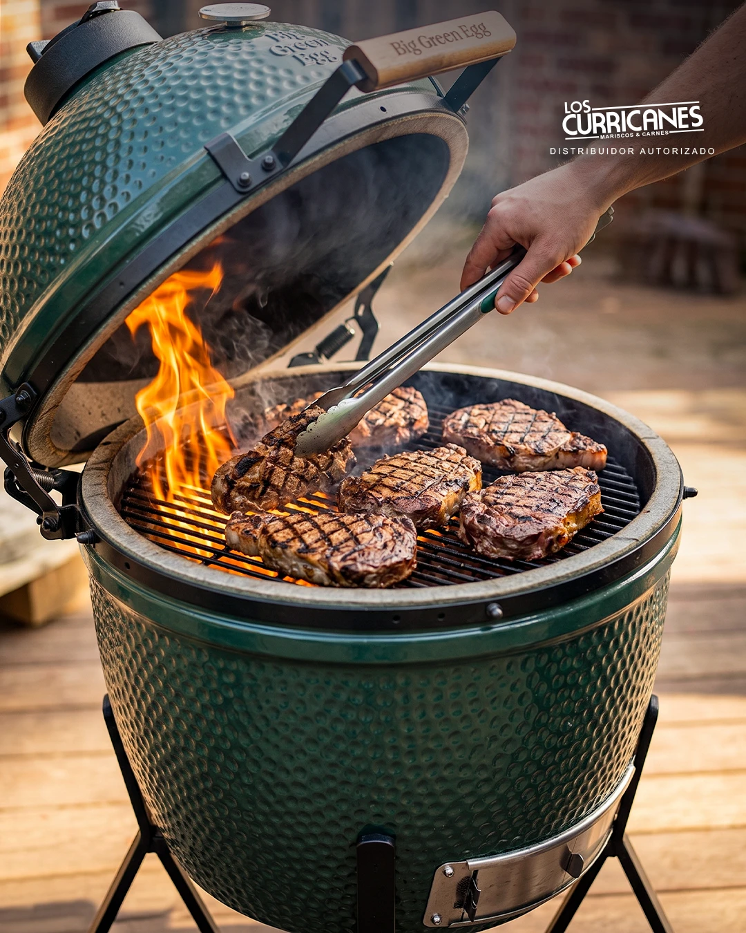 Bistecs asándose sobre fuego en un Big Green Egg